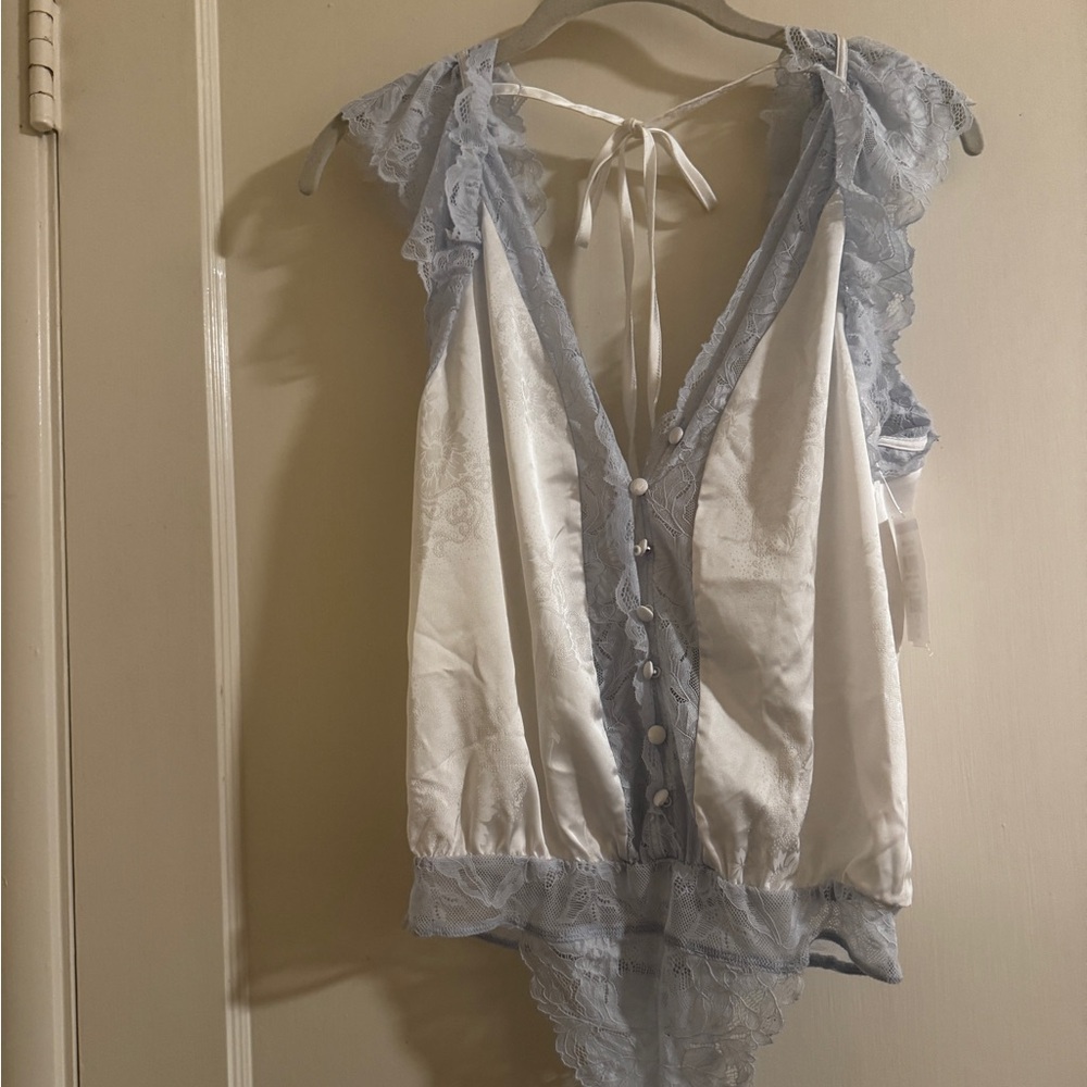 Free People Ivory and Soft Blue Lace Bodysuit
